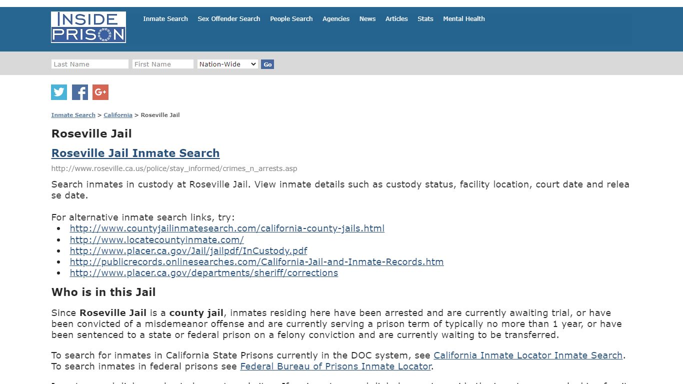 Roseville Jail - California - Inmate Search